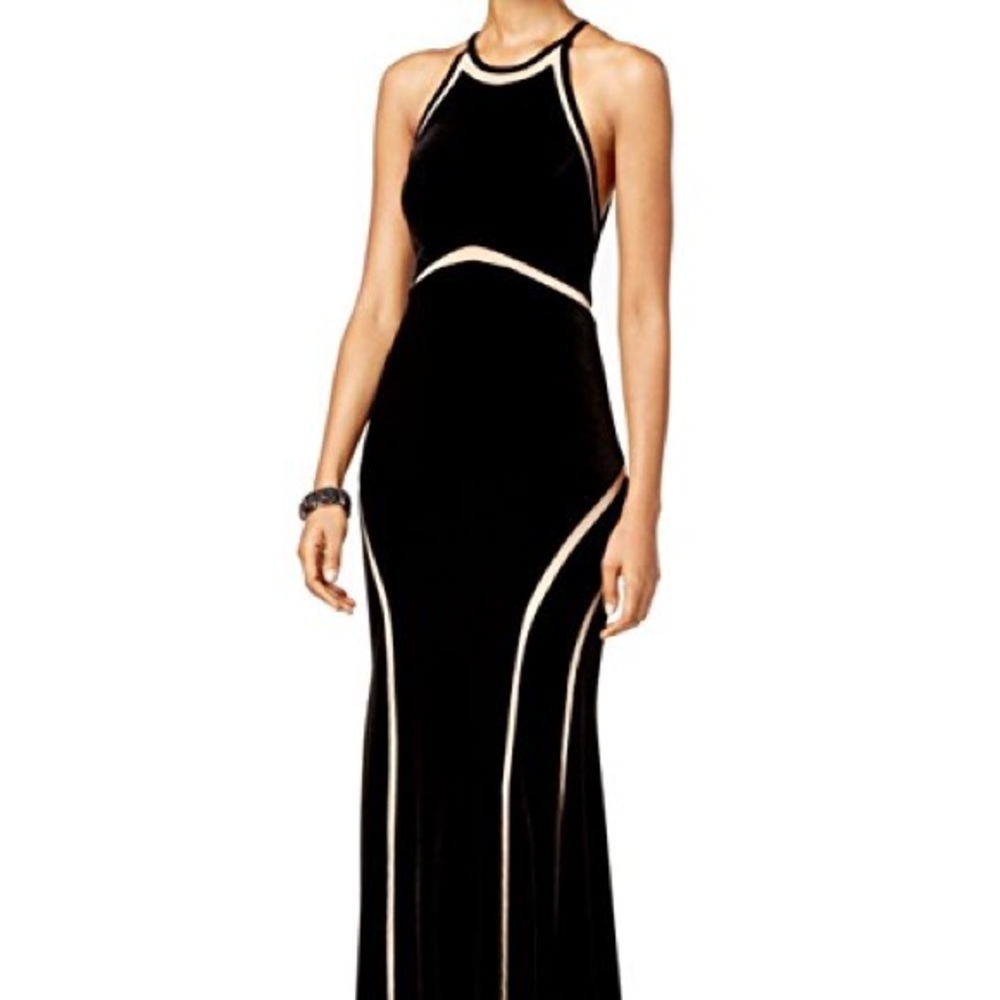 Xscape navy fit & flare prom dress w mesh cutouts